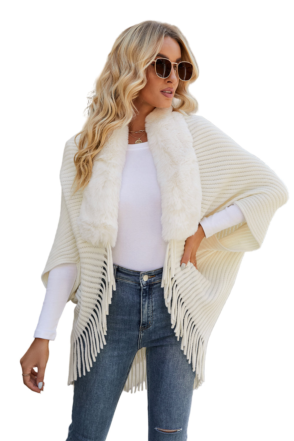 White Fringed Faux Fur Collar Ribbed Poncho