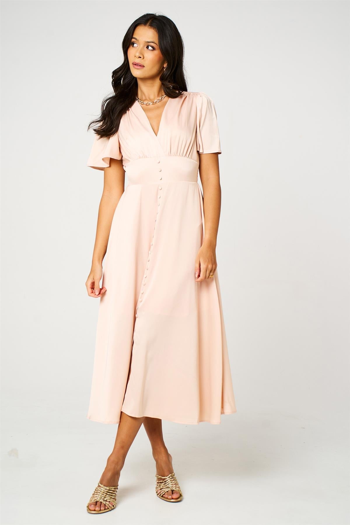 Blush Satin V Neck Button Detail Dress In Blush