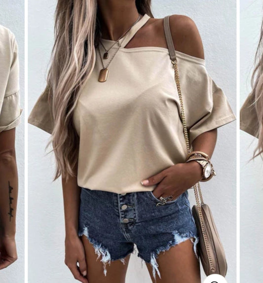 Cut Out Cold Shoulder T Shirt Top in Stone image 0