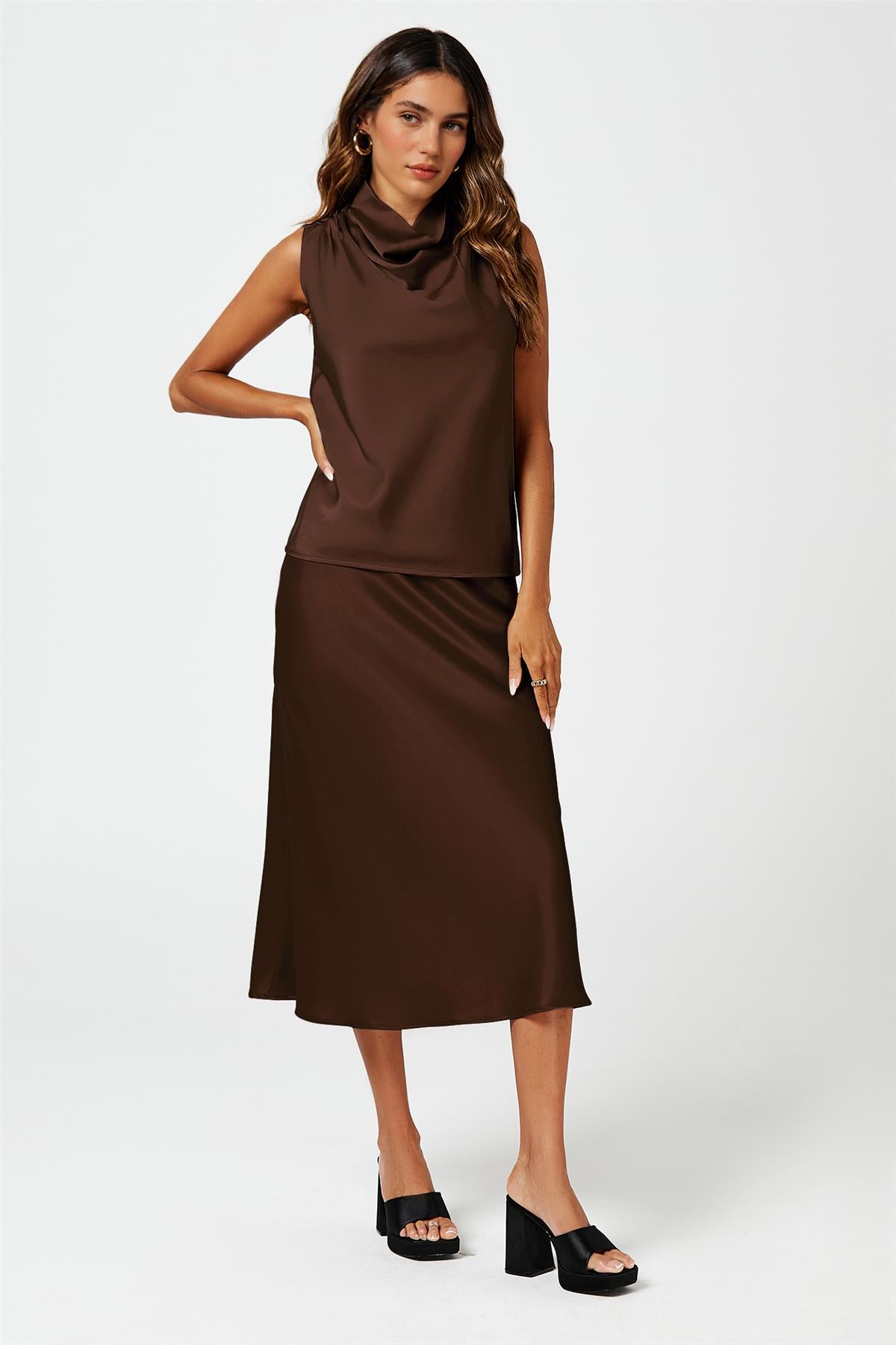 Brown Satin High Neck Sleeveless Blouse