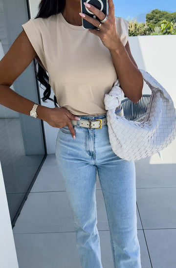 Cap Sleeves T Shirt Top - One Size (8-12) - Stone image 1