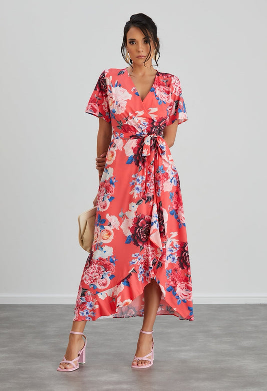Wrap Midi Dress with Frill Skirt - Coral Floral - By Jenerique image 0