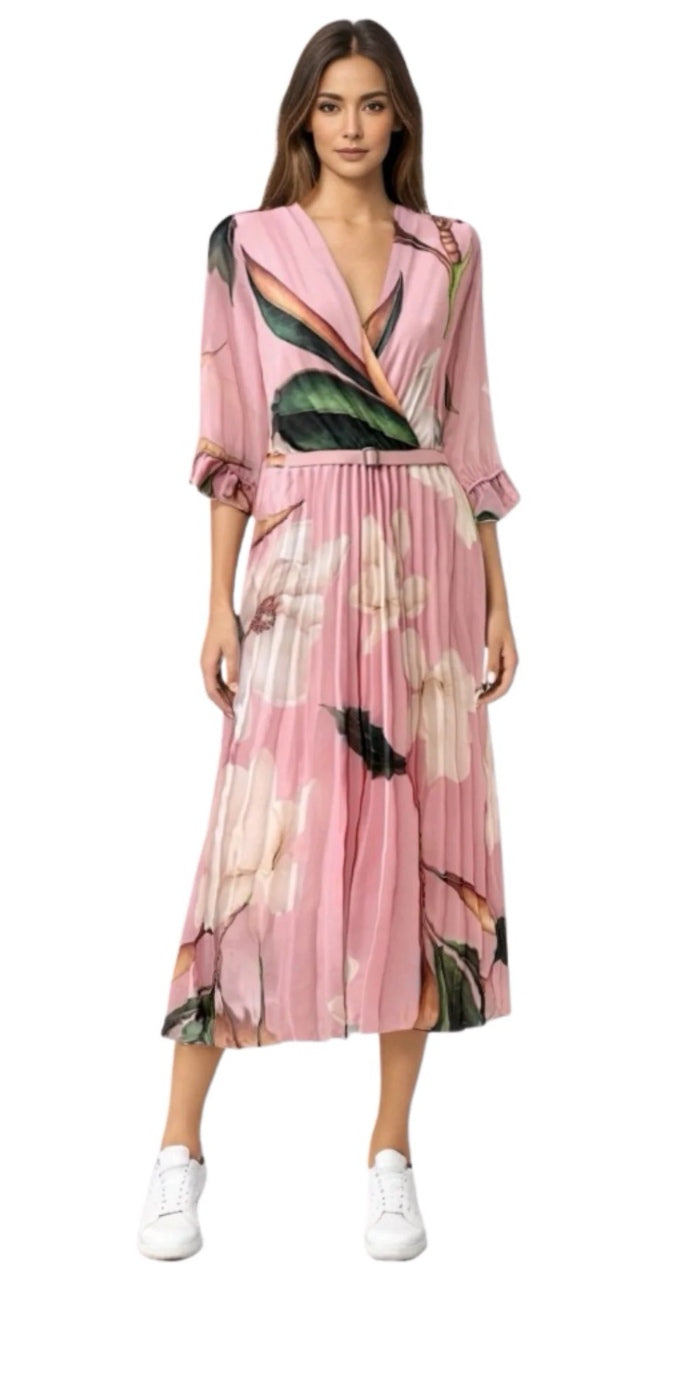 Floral Pleated Belted Midi Dress in Blush Pink image 1