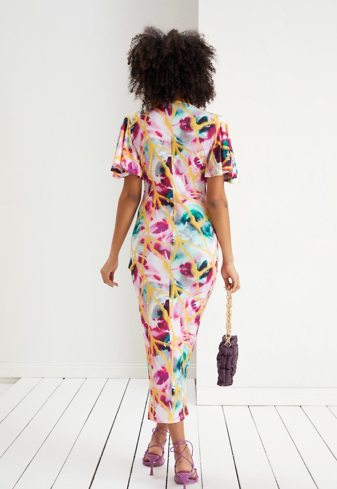 Angel Sleeve Ruffle Drape Style Dress - Print - By Jenerique image 2