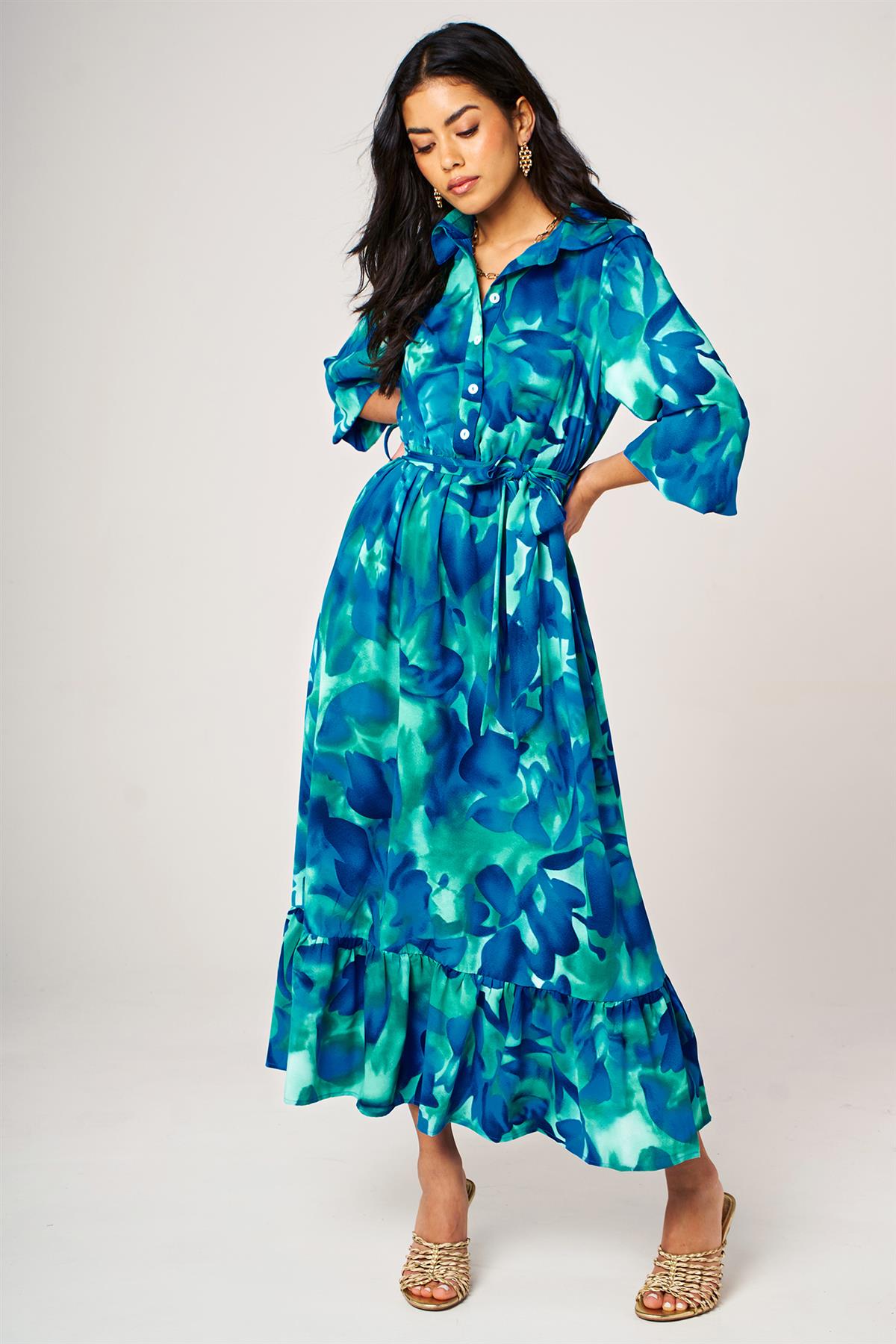 Blue Abstract Print Hem Detail Shirt Midi Dress