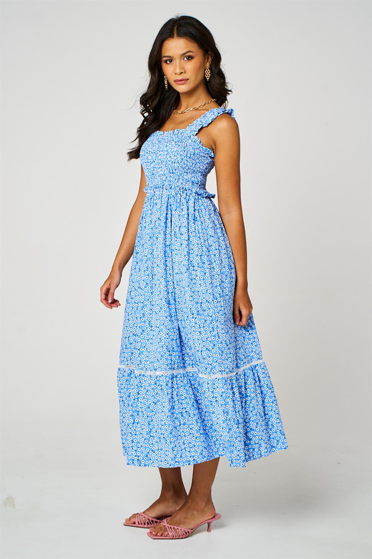 Blue Floral Print Hem Detail Maxi Dress