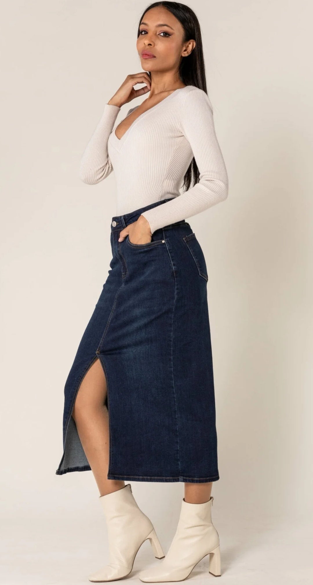 Denim Midaxi Skirt With Front Split image 3