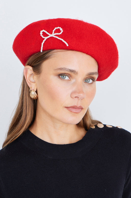 Red Pearl Bow Beret