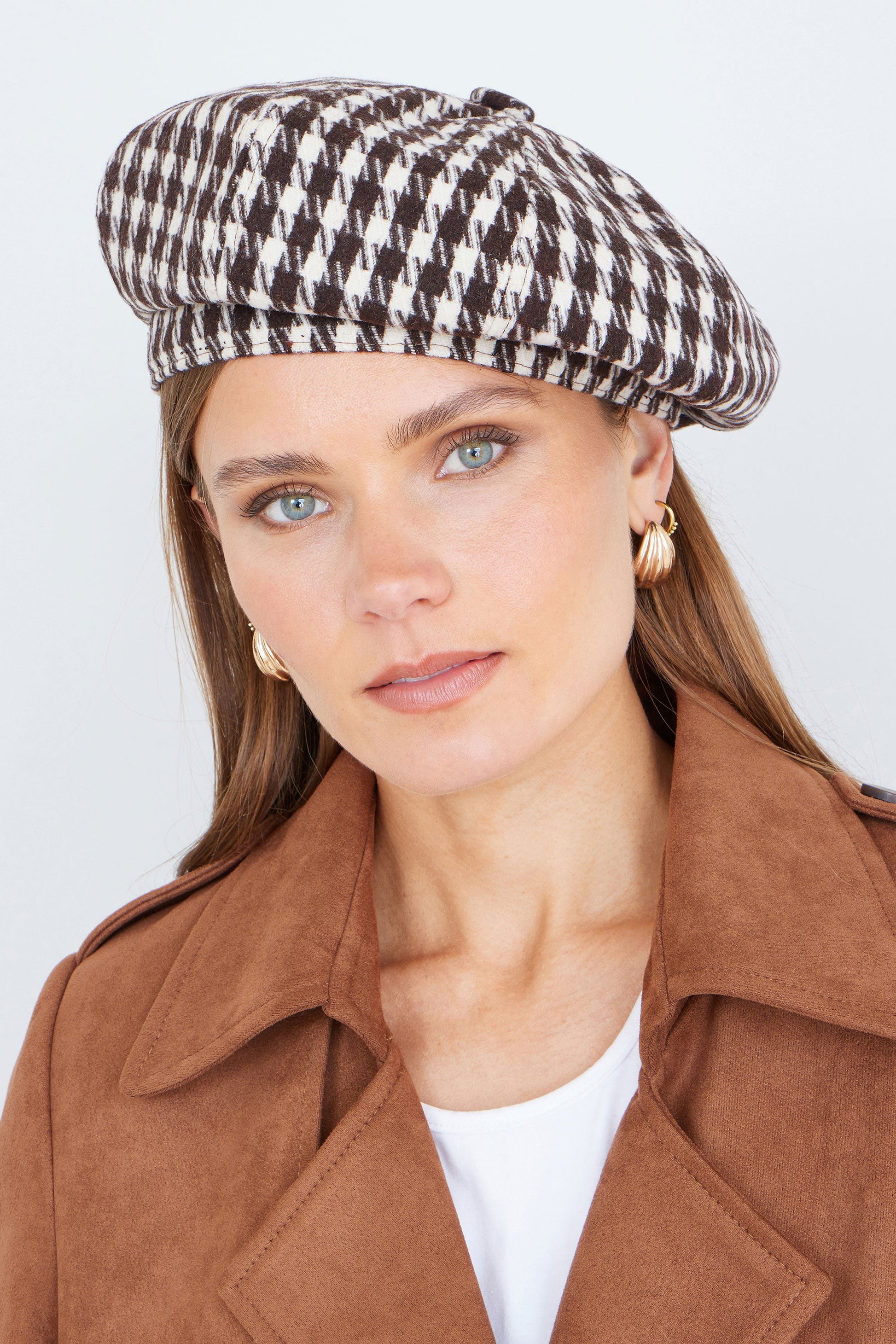 Brown and Cream Houndstooth Print Baker Boy Hat