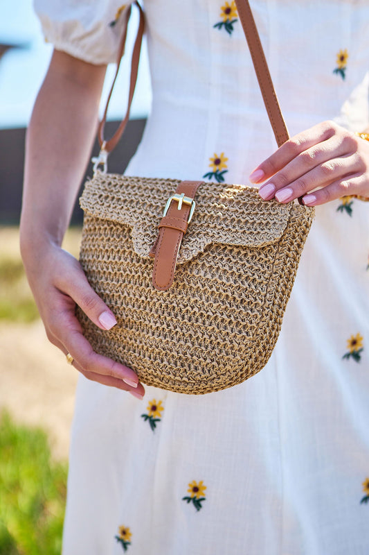 Brown Woven Rattan Handbag With Buckle
