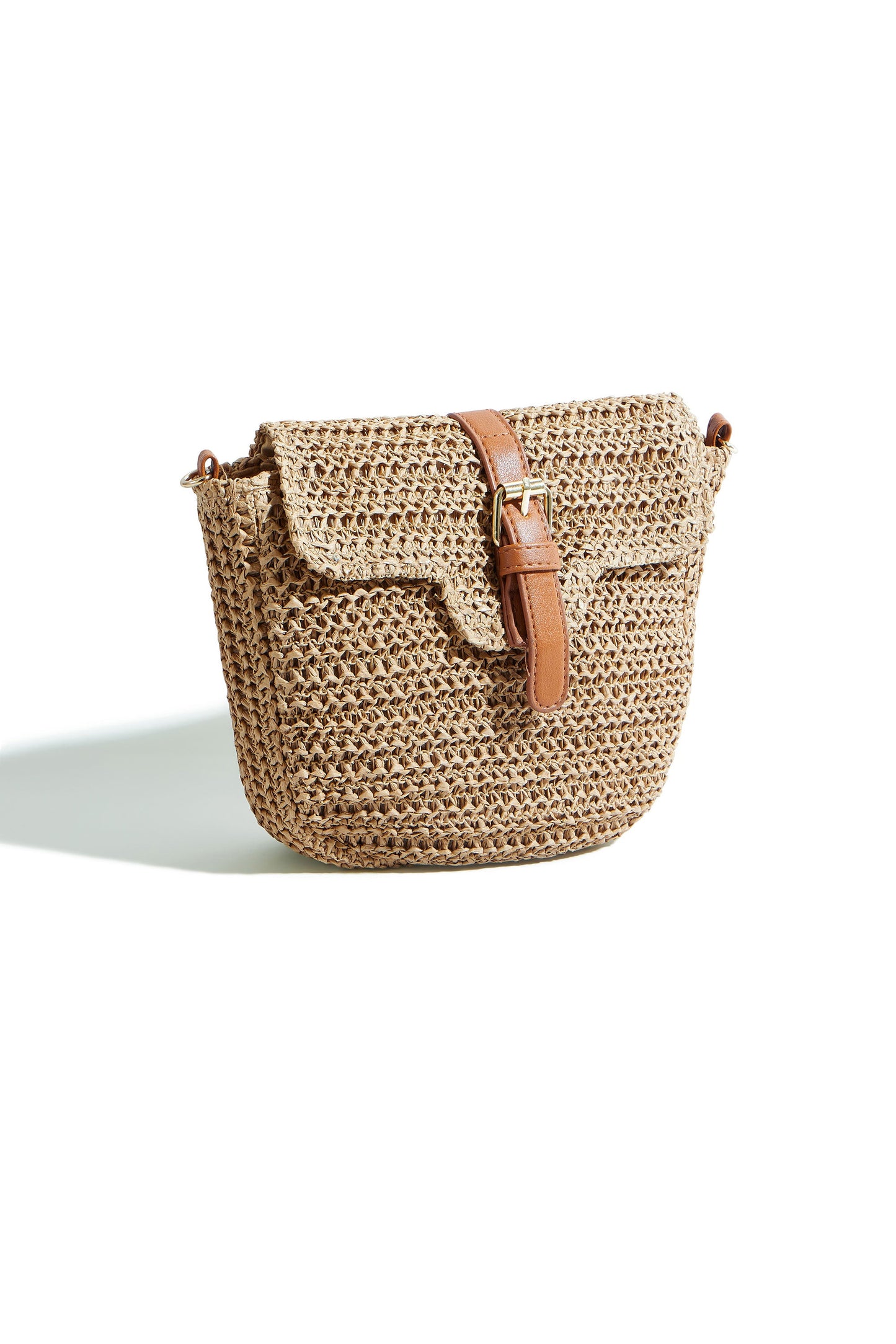 Brown Woven Rattan Handbag With Buckle