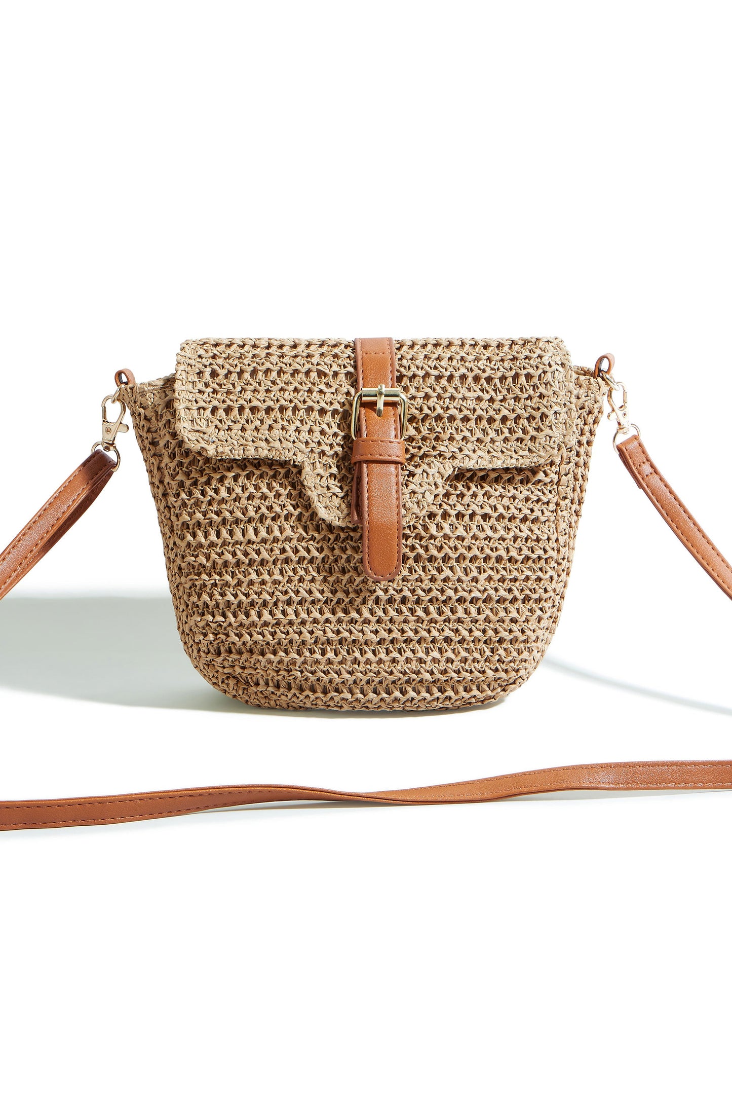 Brown Woven Rattan Handbag With Buckle