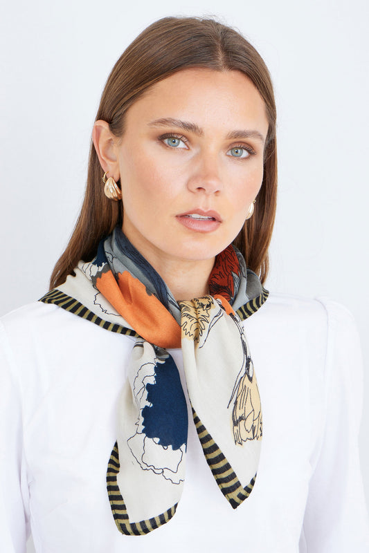 Blue Viscose Placement Floral Scarf