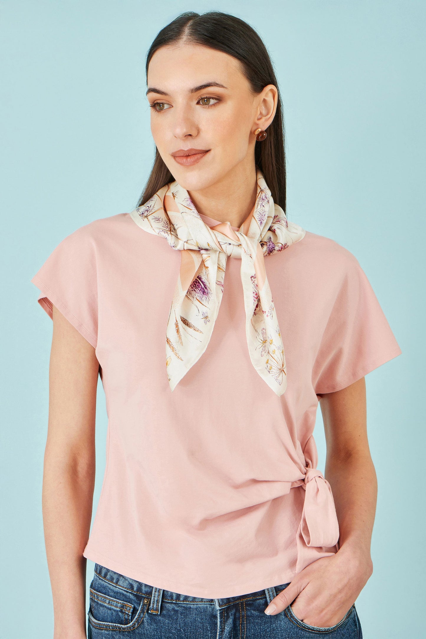 Ivory 100% Silk Delicate Floral Print Scarf