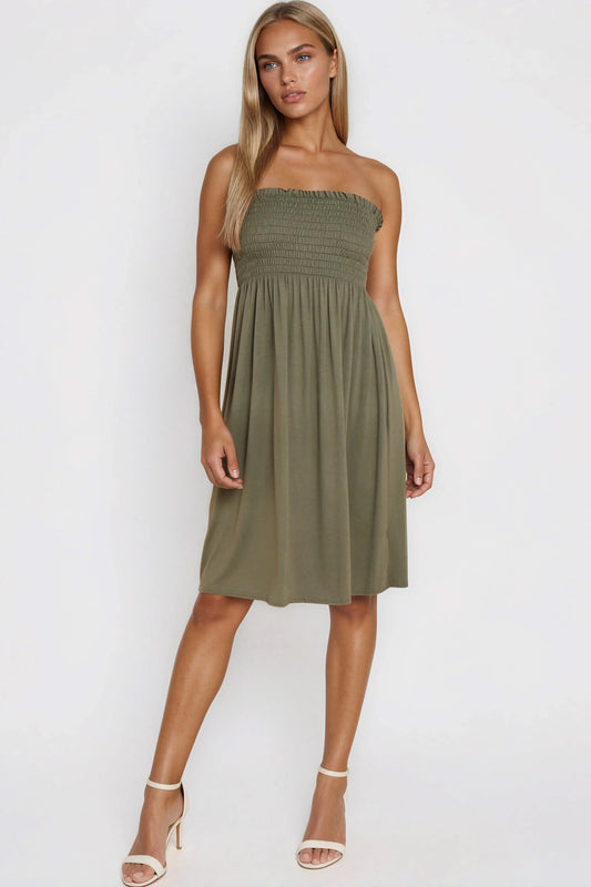 Khaki Shirred Bandeau Dress