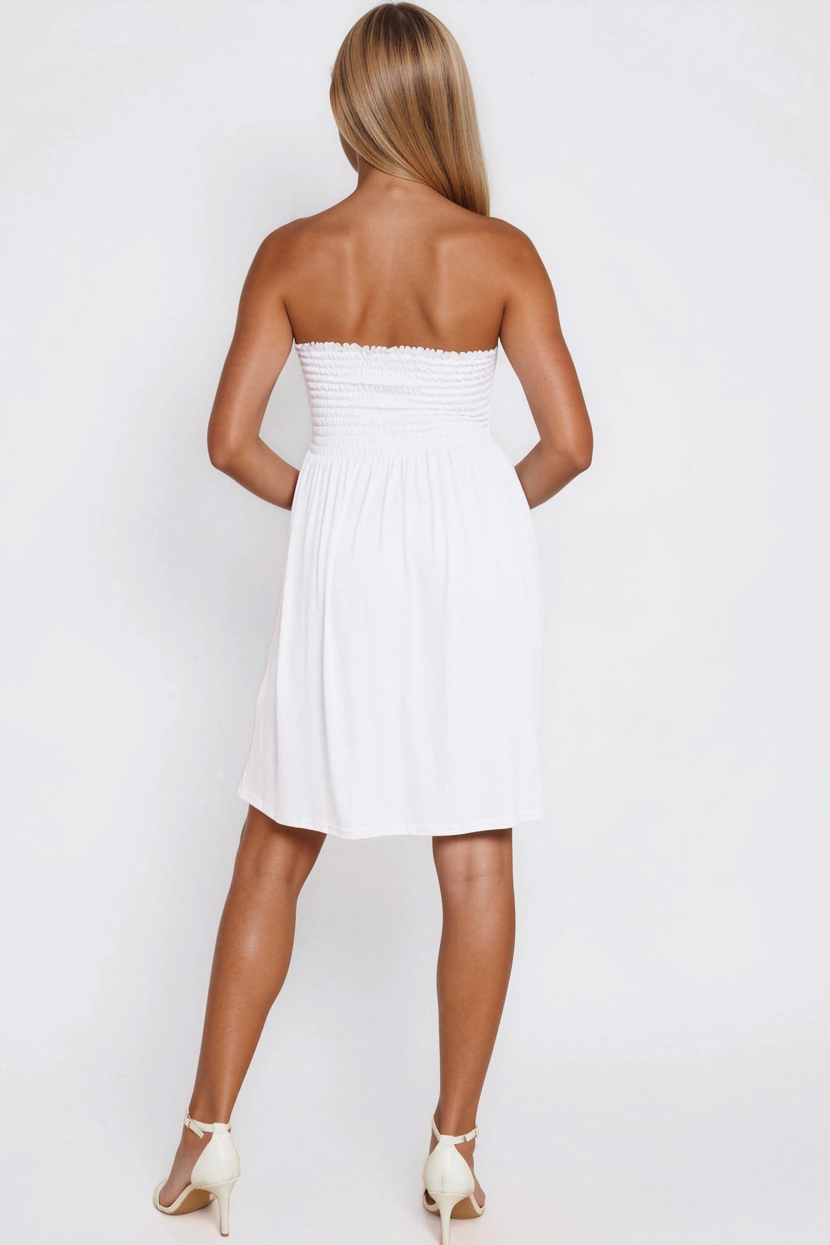 White Shirred Bandeau Dress