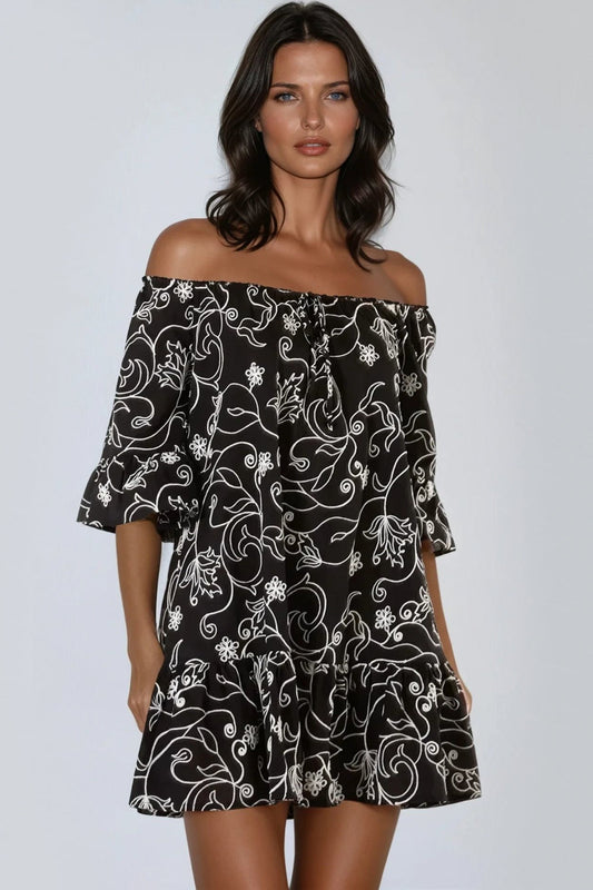 Black Embroidered Bardot Dress