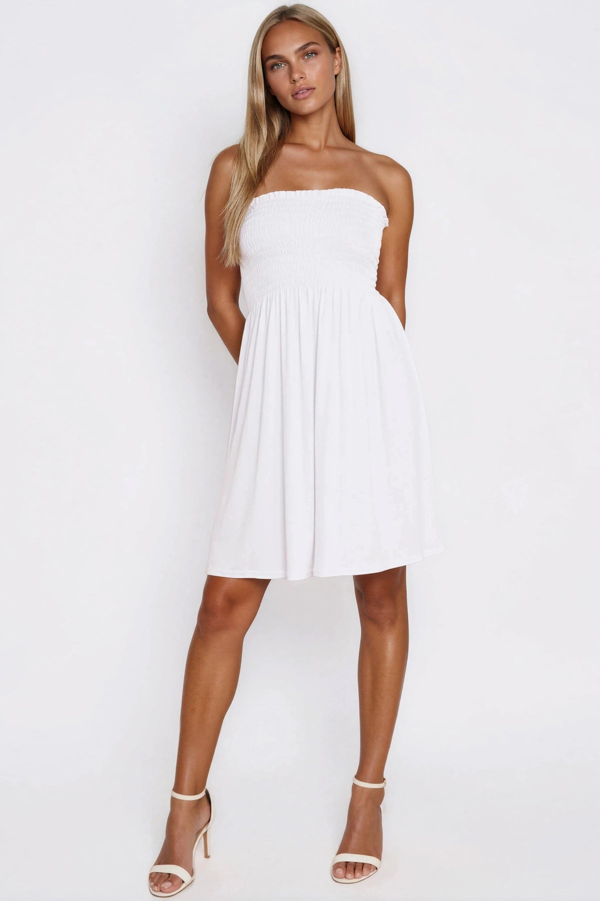 White Shirred Bandeau Dress