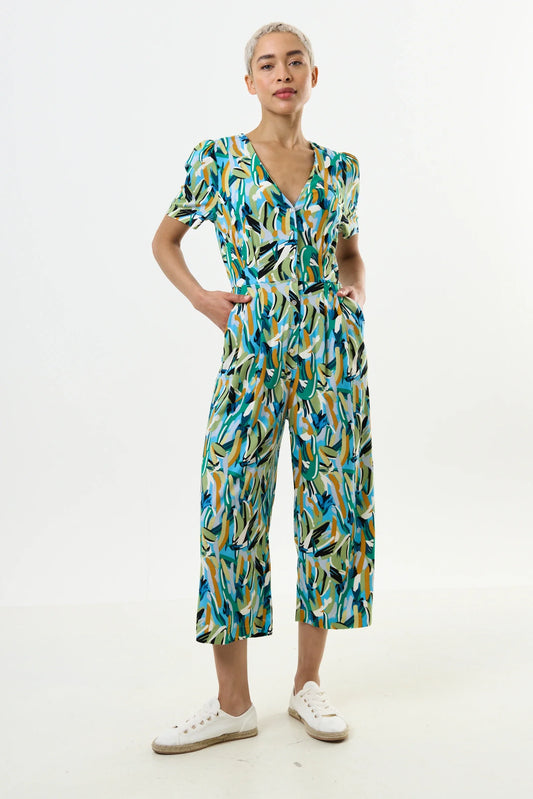 Brushstroke Print V-neck Jumpsuit
