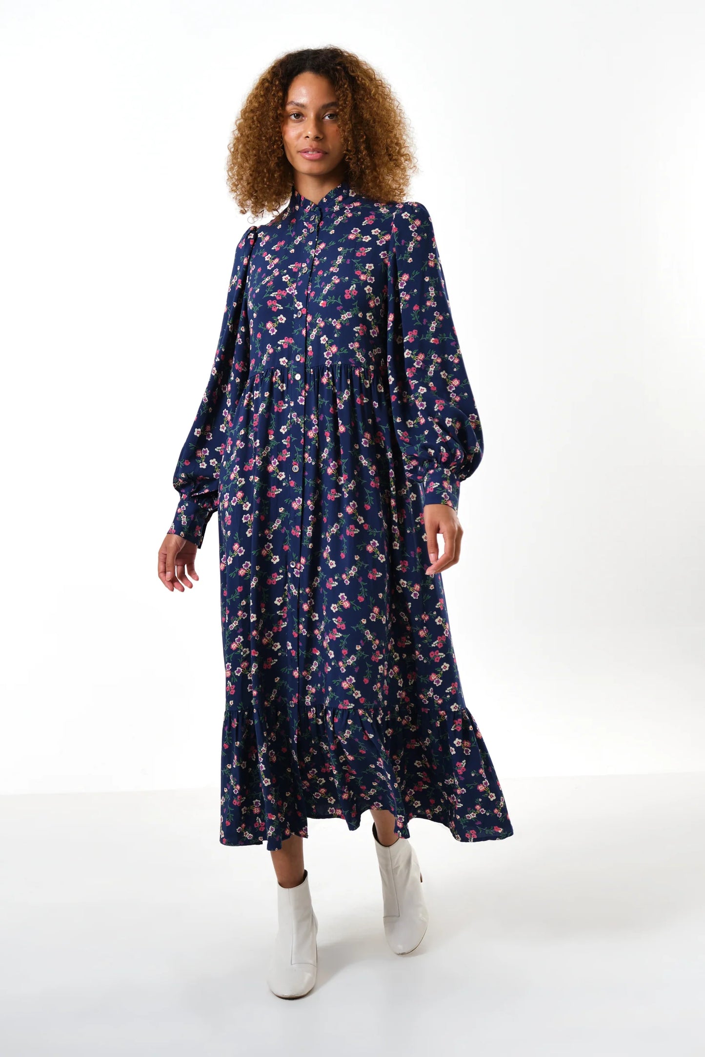 Navy Button Down Posy Print Tiered Midi Dress
