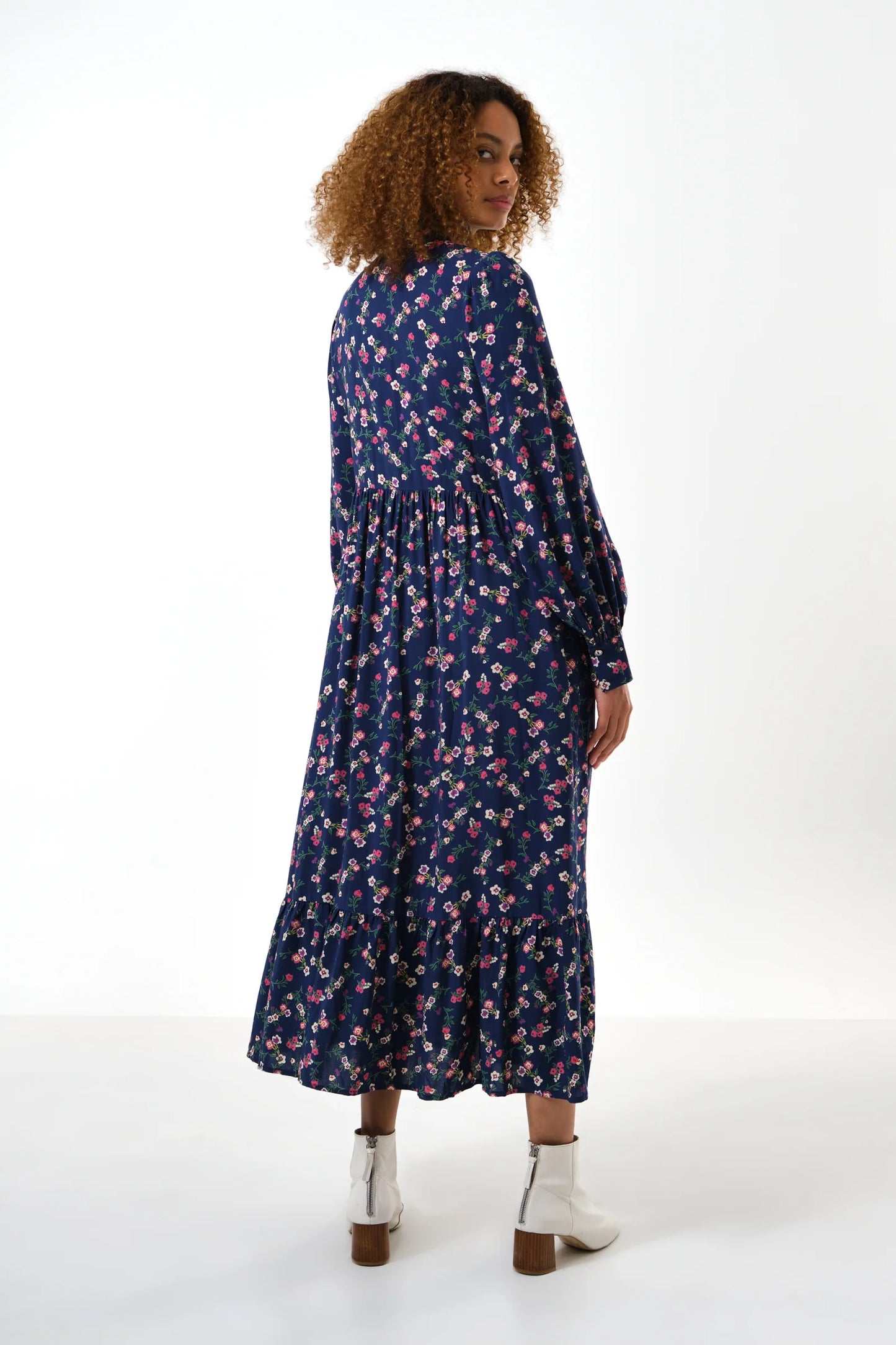 Navy Button Down Posy Print Tiered Midi Dress