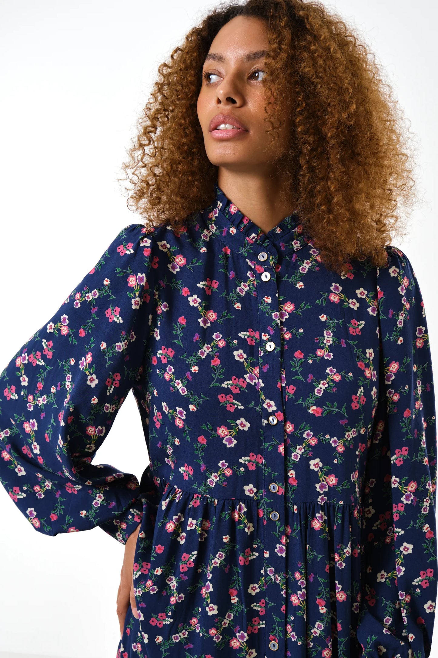 Navy Button Down Posy Print Tiered Midi Dress