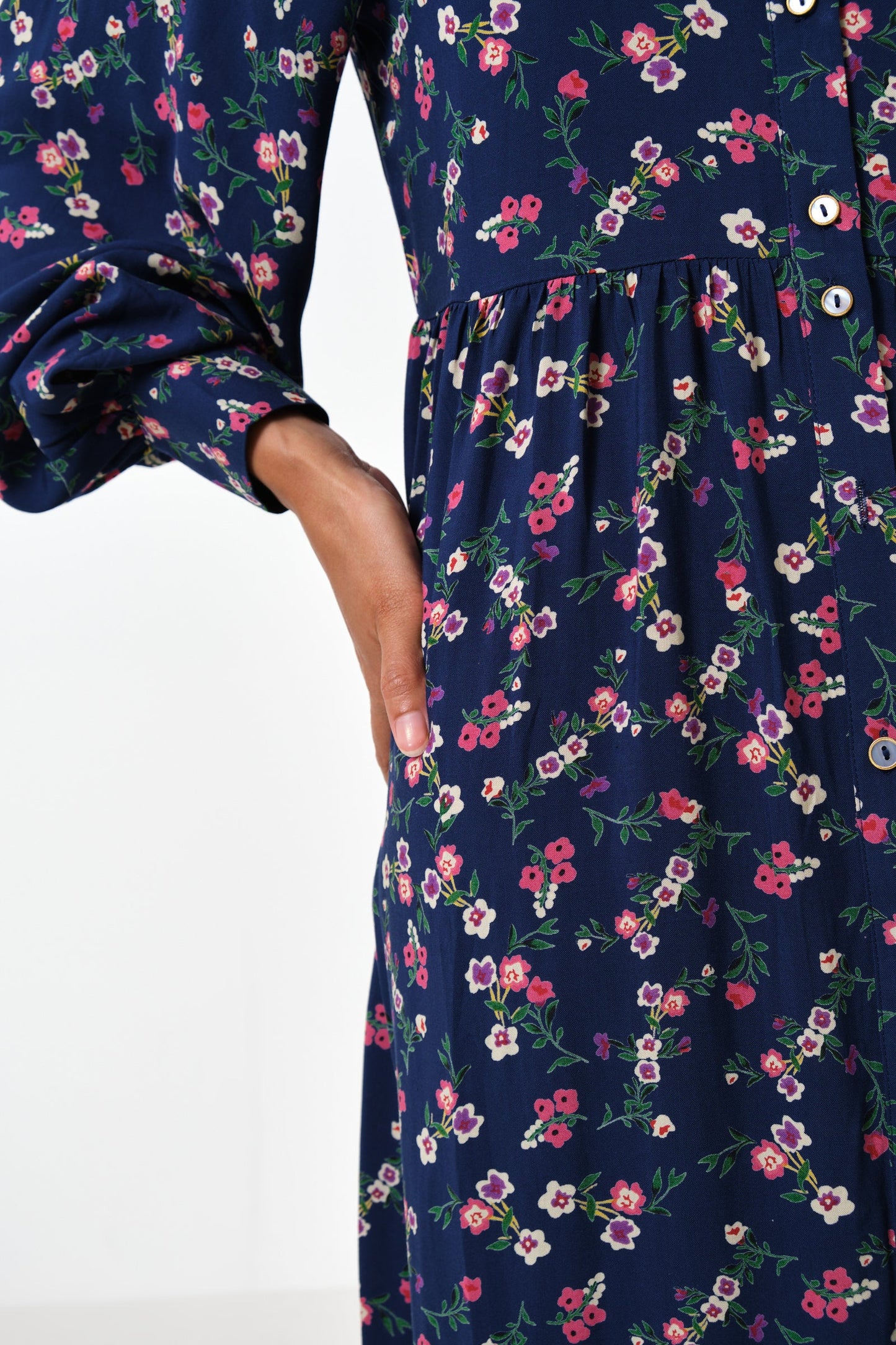 Navy Button Down Posy Print Tiered Midi Dress
