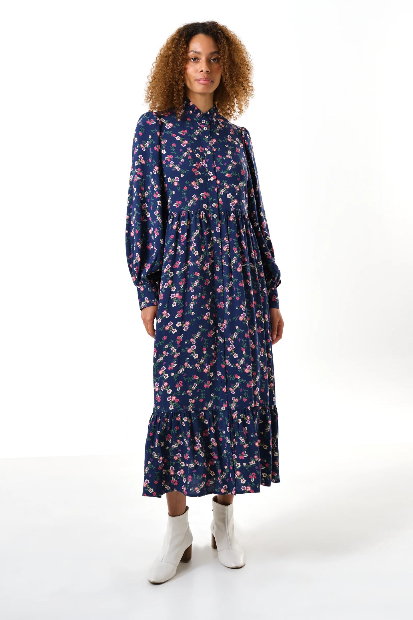 Navy Button Down Posy Print Tiered Midi Dress