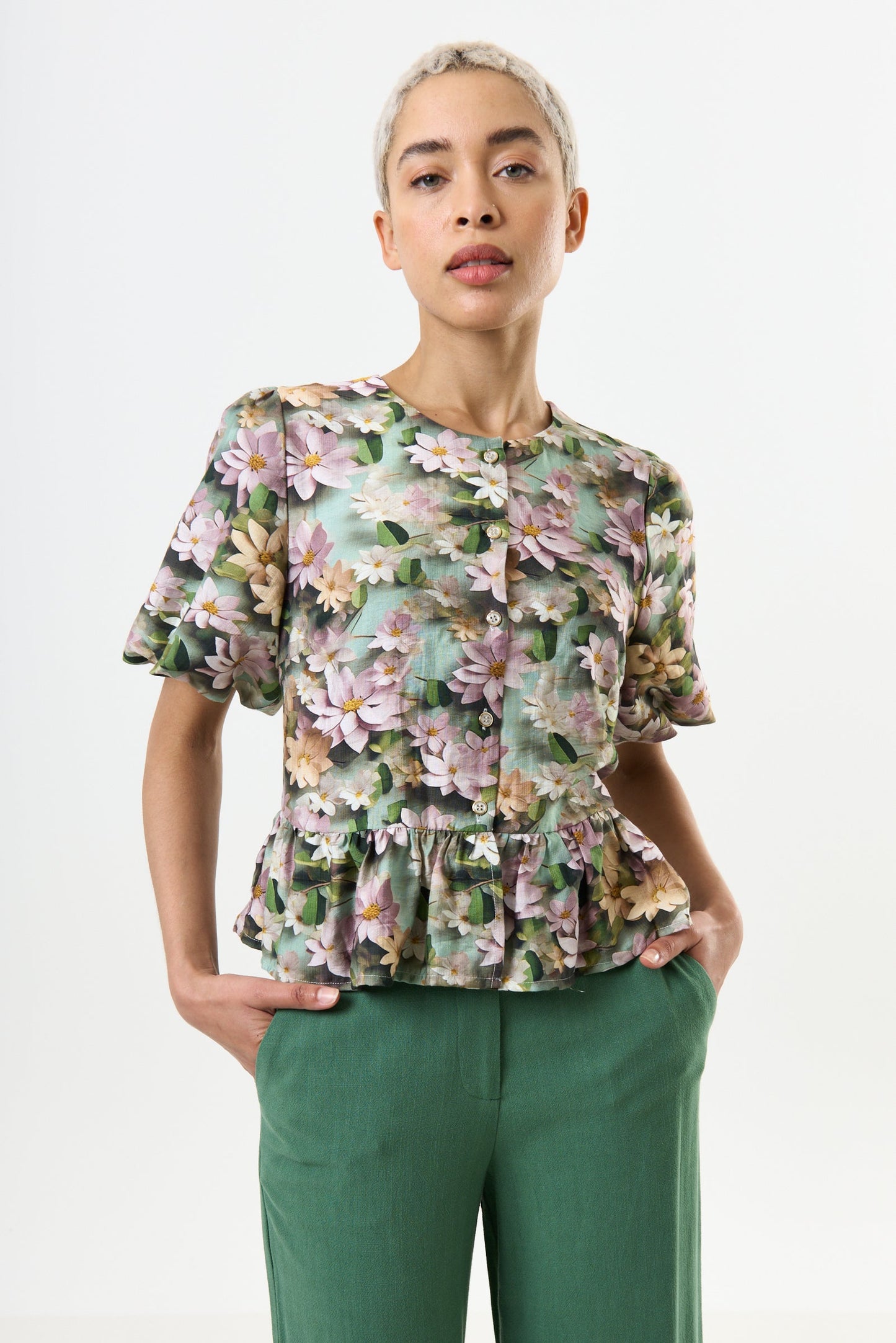 3D Daisy Print Peplum Blouse - Green