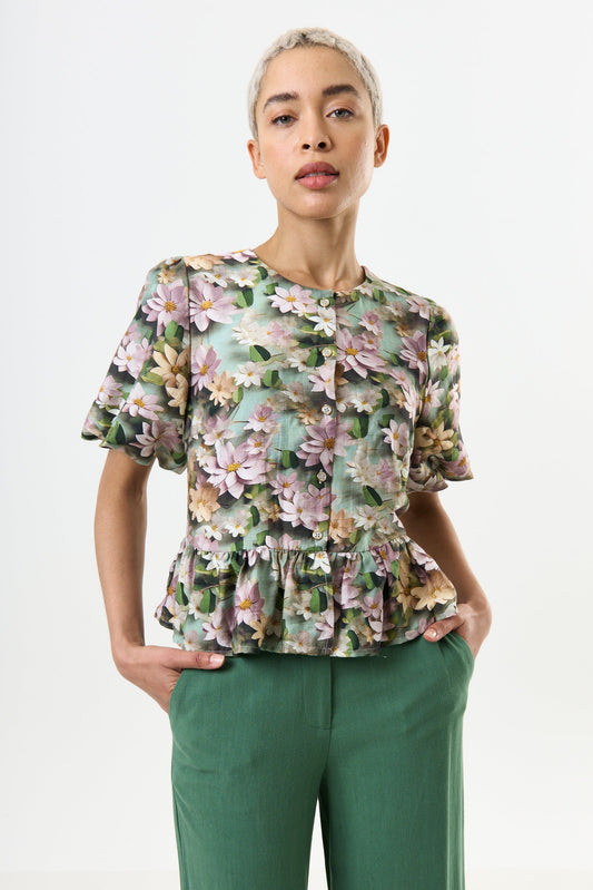 3D Daisy Print Peplum Blouse - Green