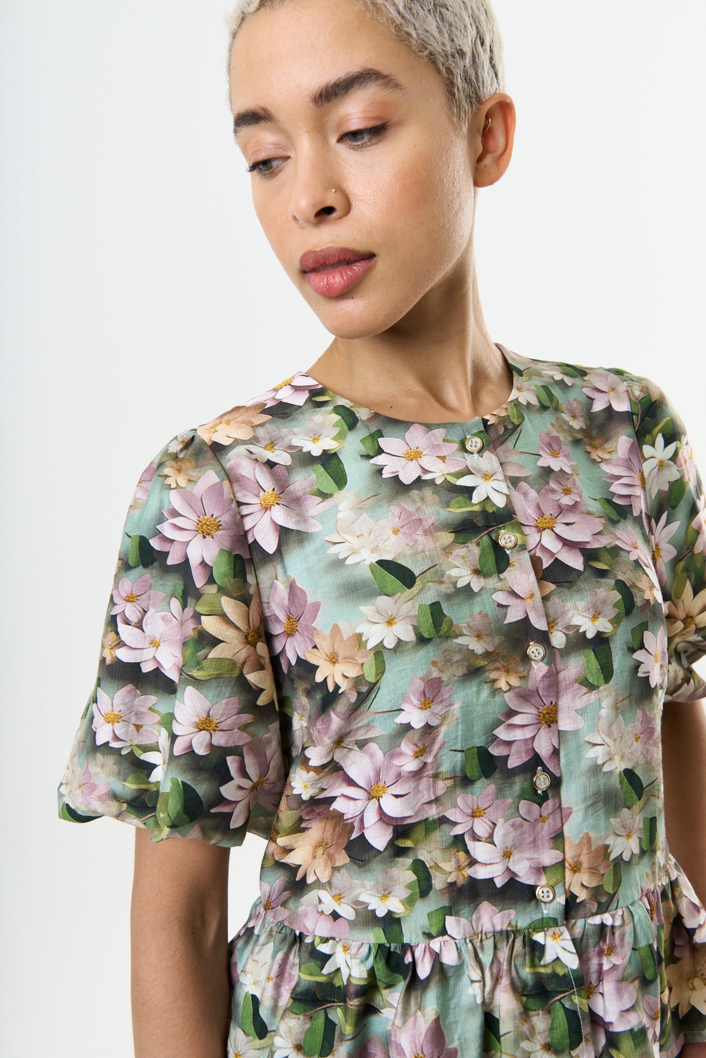 3D Daisy Print Peplum Blouse - Green
