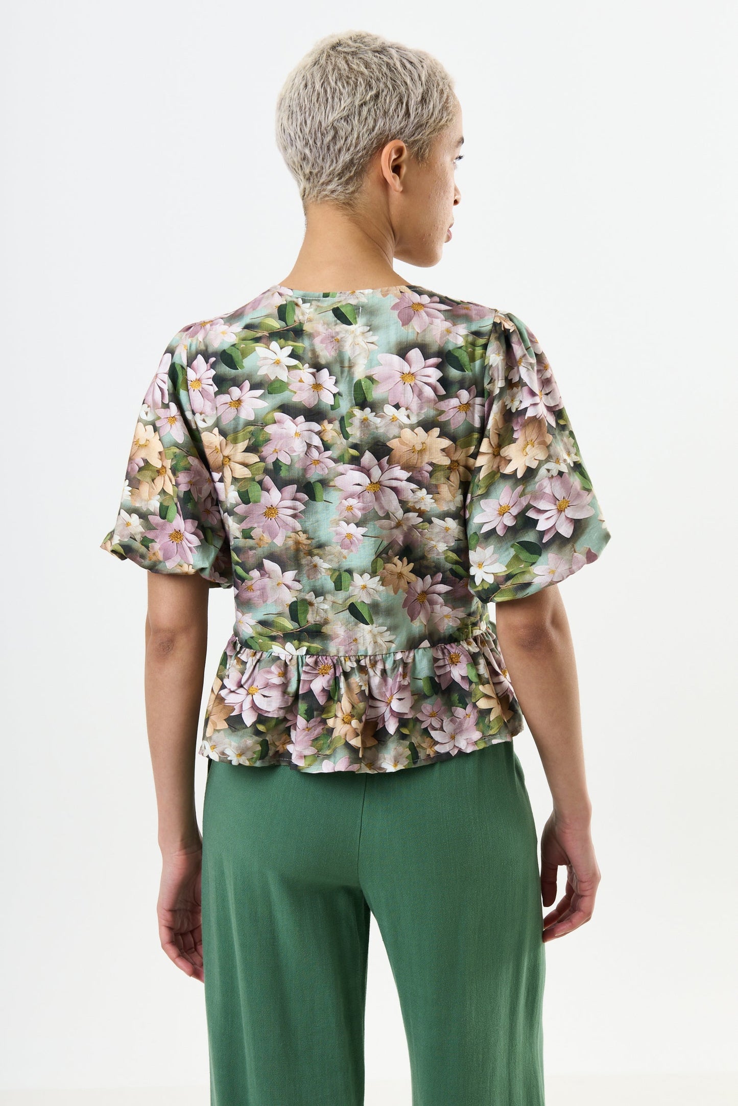3D Daisy Print Peplum Blouse - Green