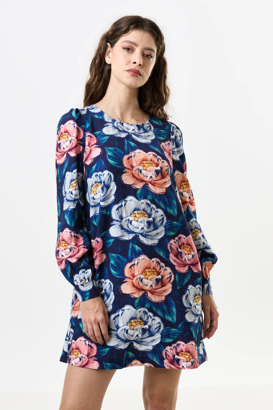Navy Floral Peonies Long Sleeve A-line Mini Dress