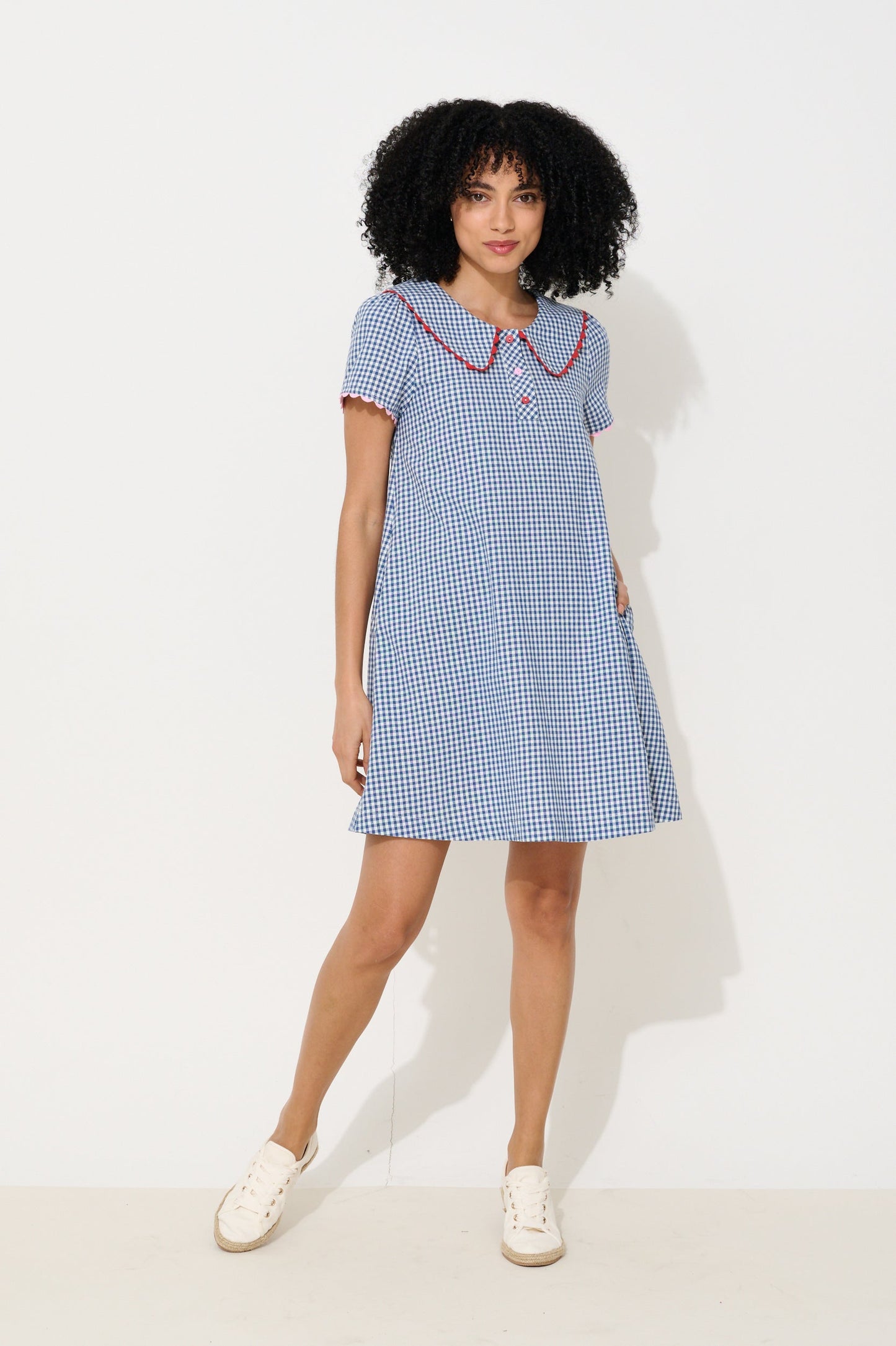 Gingham Ric Rac Trim Statement Collar Mini Dress - Blue