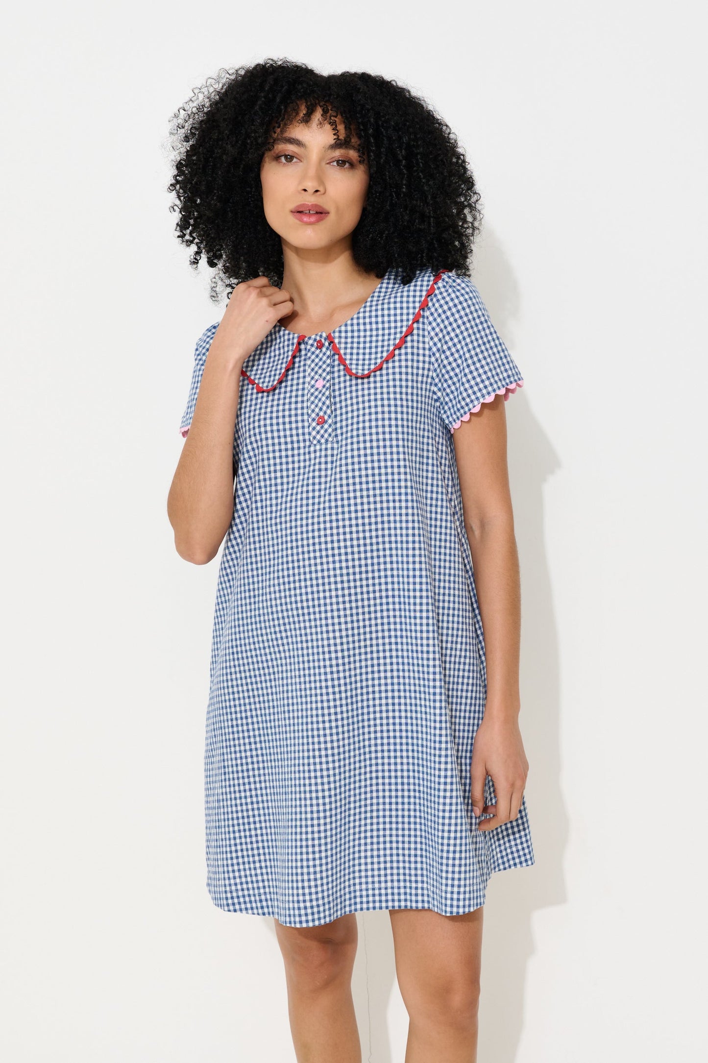 Gingham Ric Rac Trim Statement Collar Mini Dress - Blue