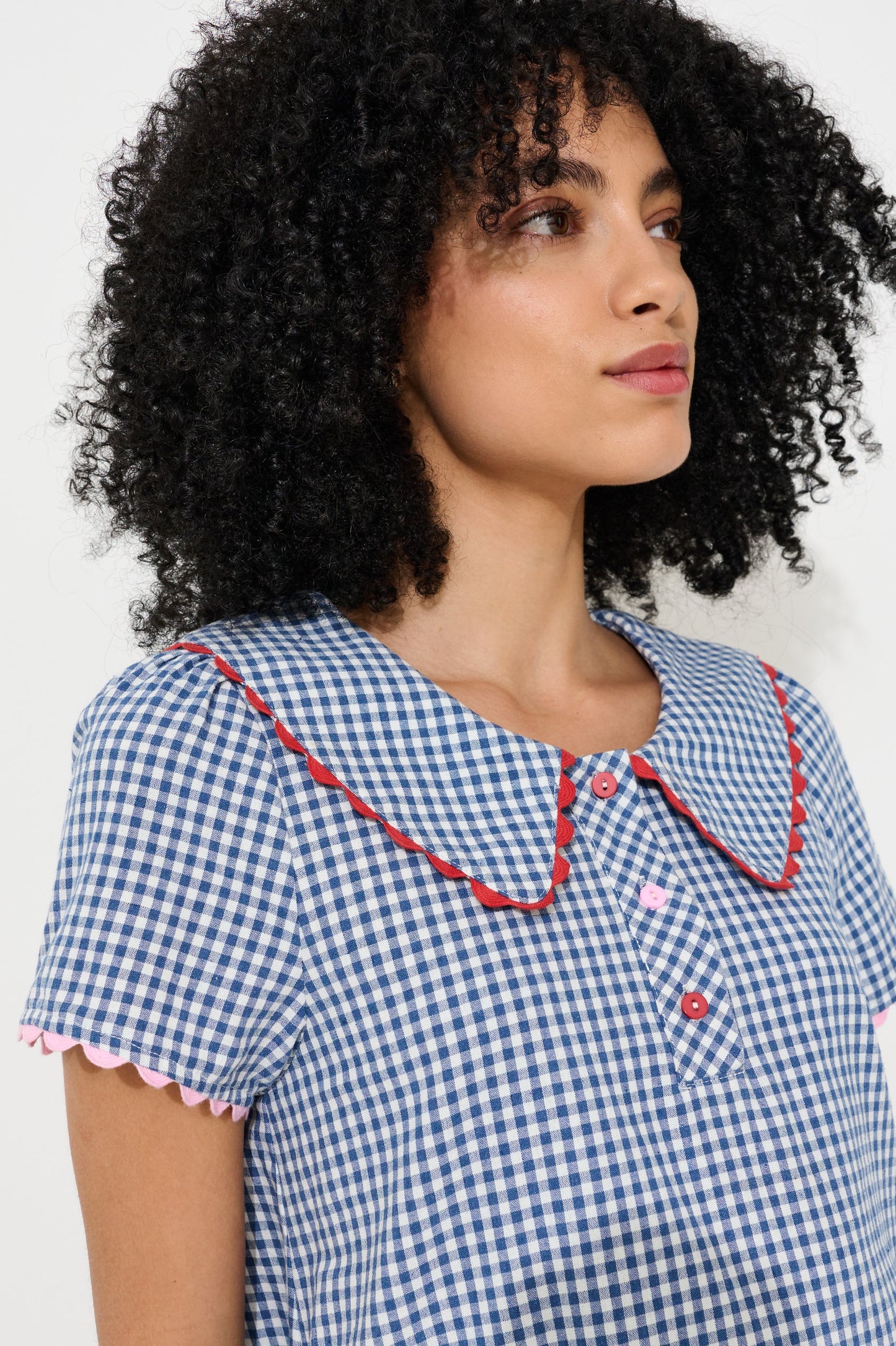 Gingham Ric Rac Trim Statement Collar Mini Dress - Blue