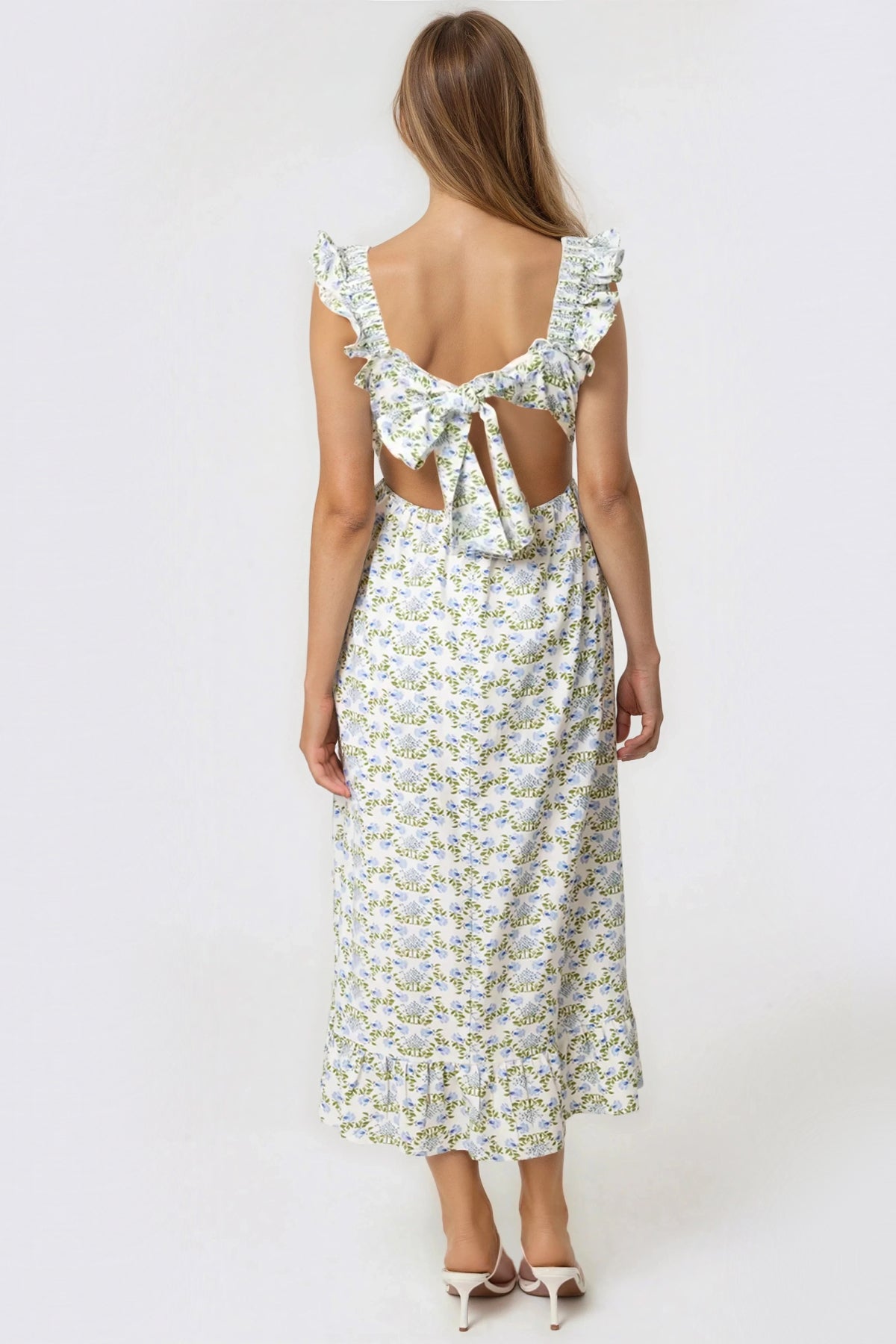 Blue Floral Tie Back Midi Dress