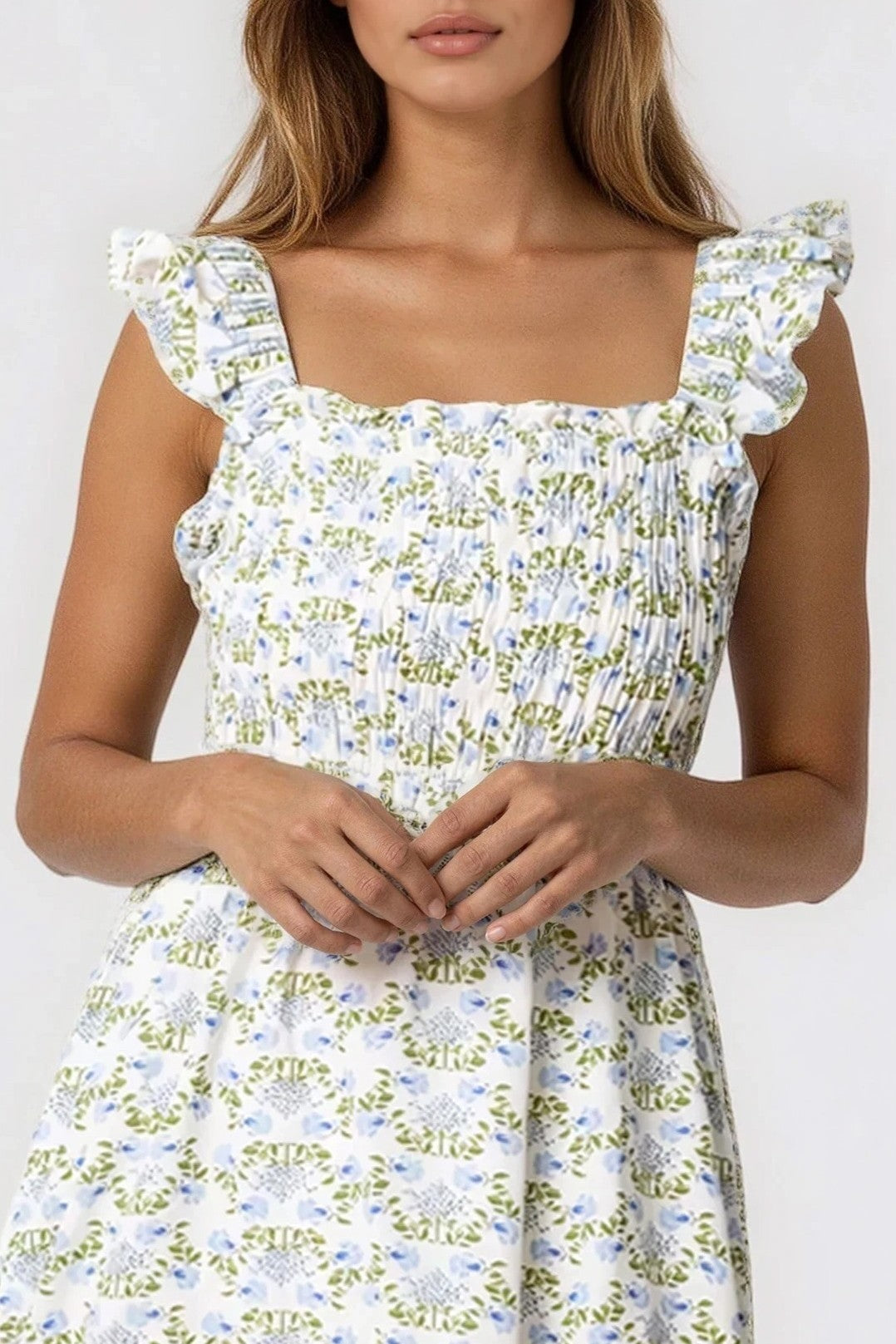 Blue Floral Tie Back Midi Dress