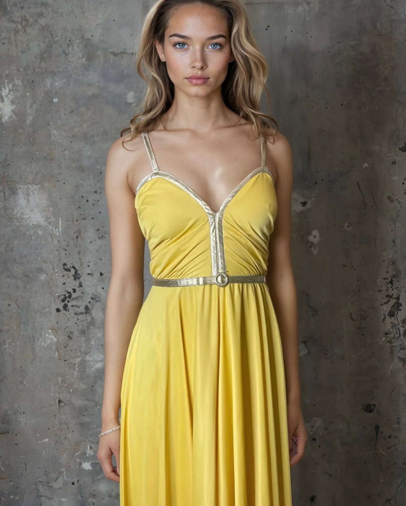 Original 1970's Vintage Yellow & Gold Strap Maxi Dress