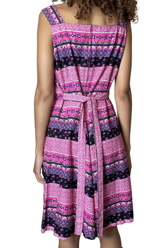 1970's Original Vintage Pink & Multi Coloured Floral Print Dress UK 8 - 12