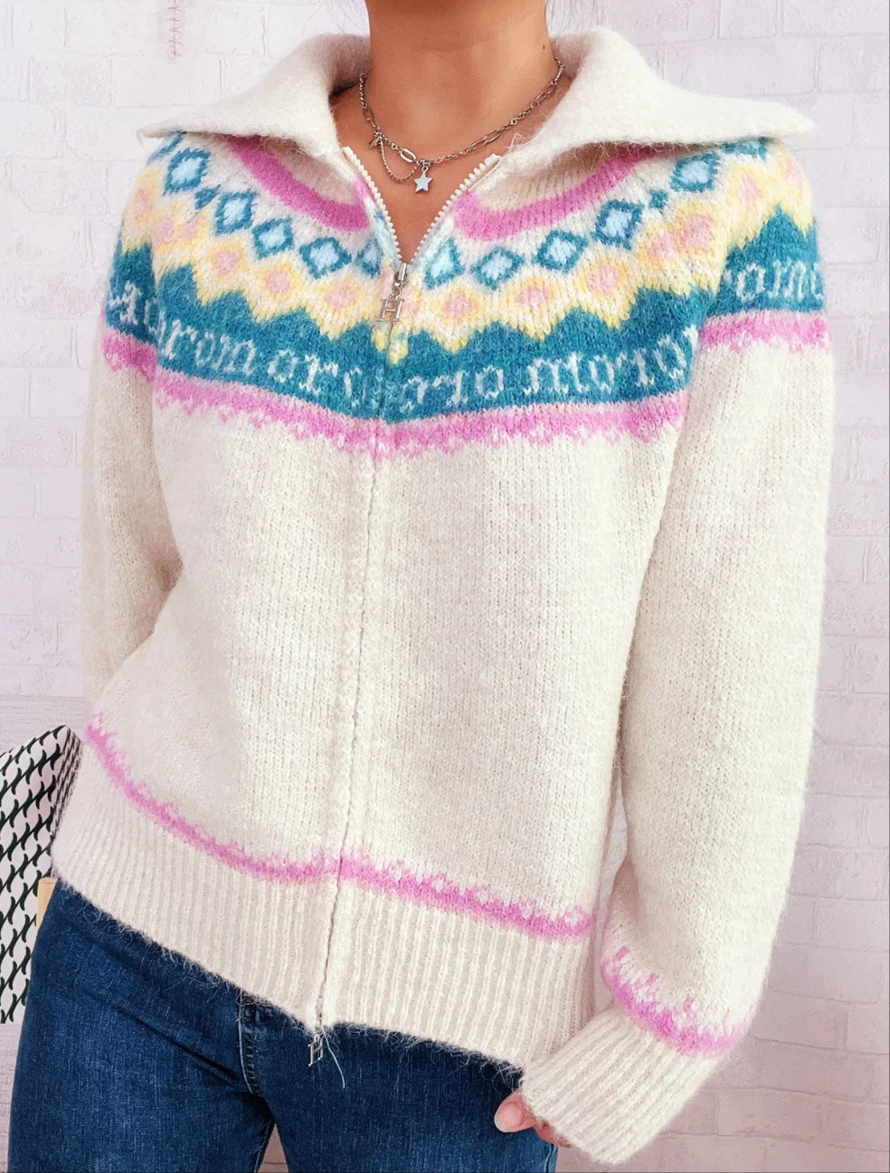 Pattern Zip-Up Cardigan - One Size - 3 Colour Options
