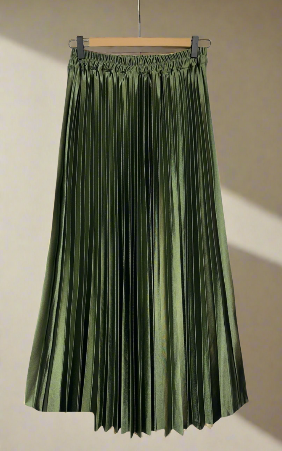 Satin Pleated Midi Skirt - Khaki