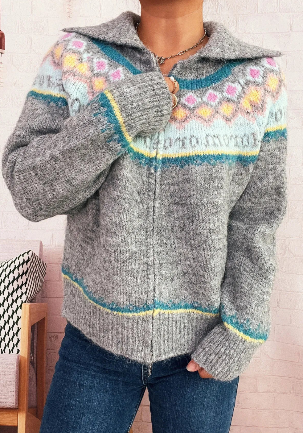 Pattern Zip-Up Cardigan - One Size - 3 Colour Options