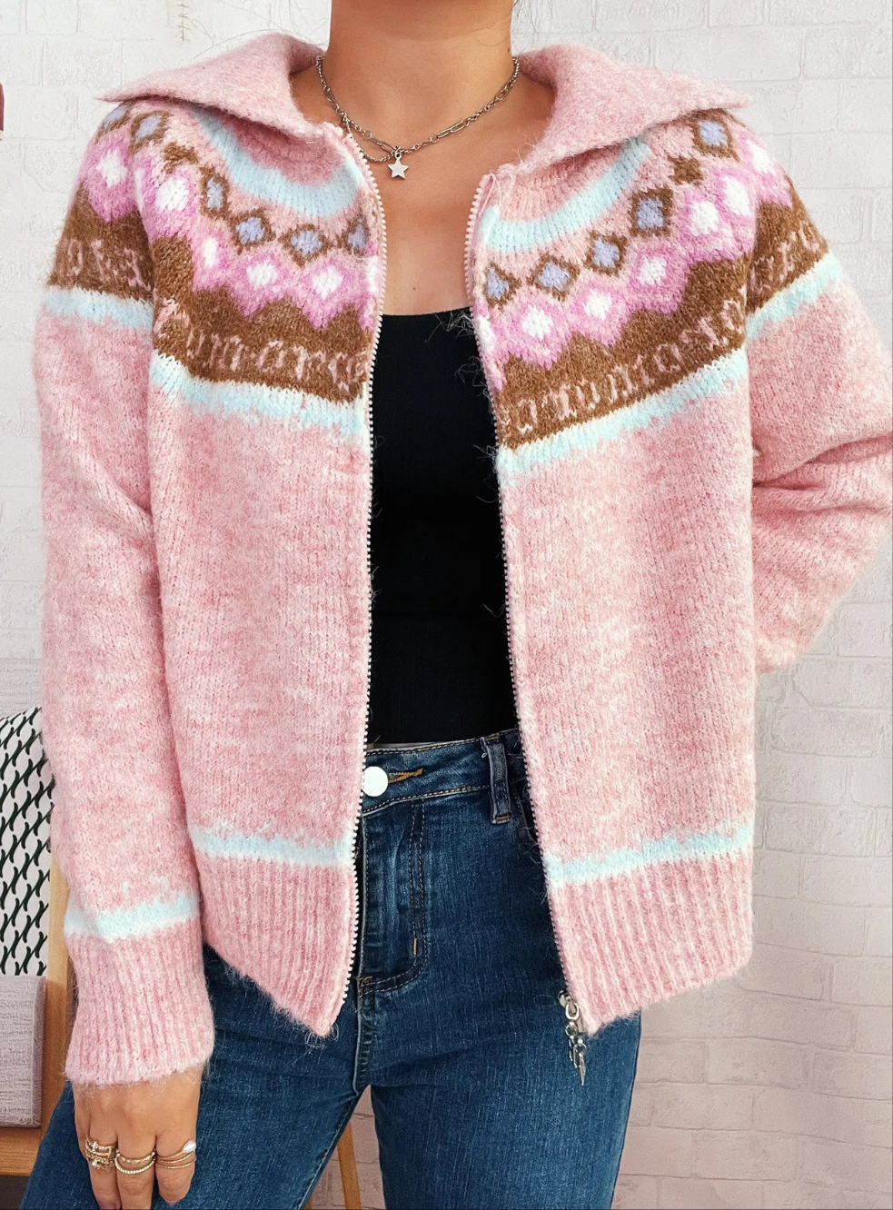 Pattern Zip-Up Cardigan - One Size - 3 Colour Options