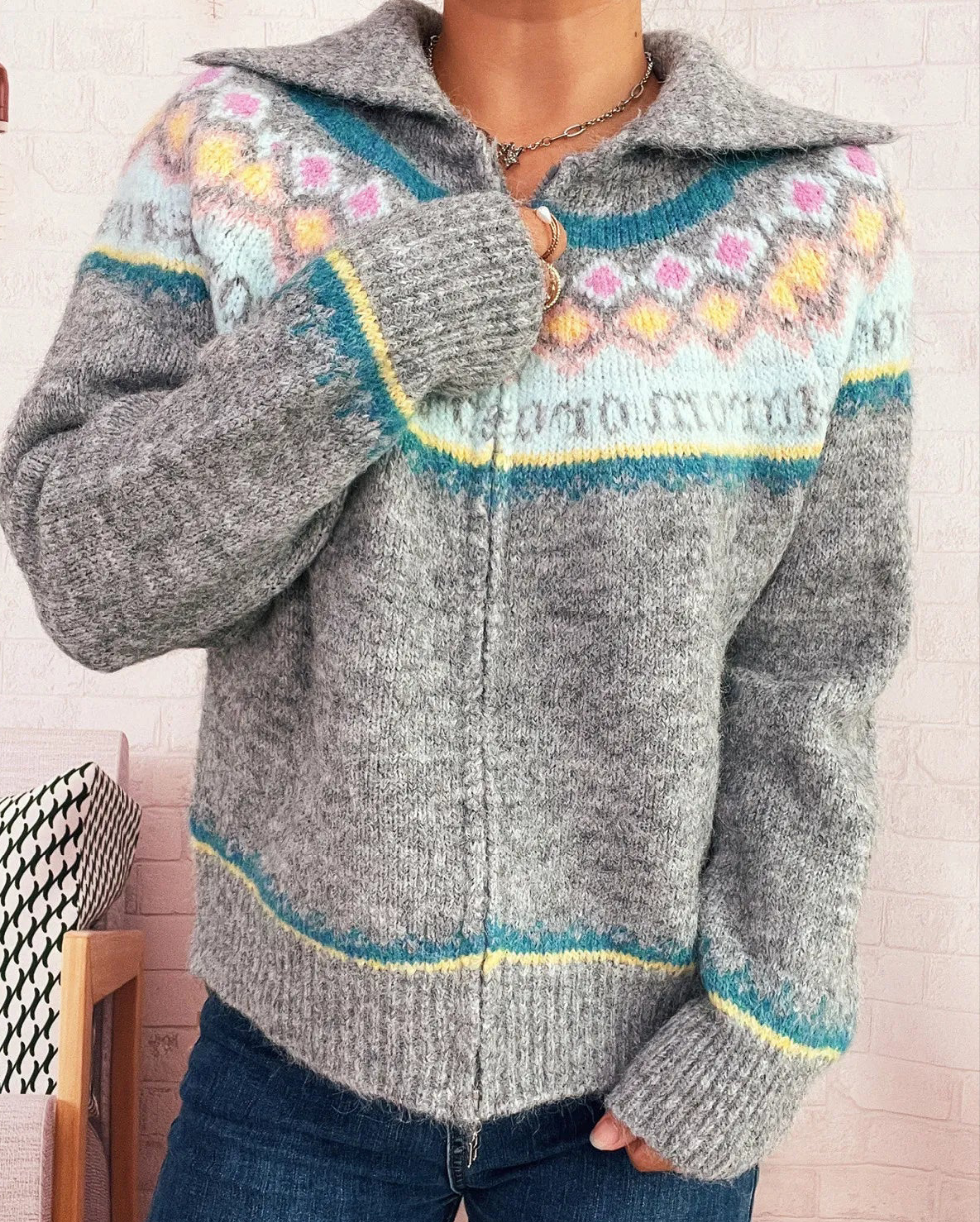 Pattern Zip-Up Cardigan - One Size - 3 Colour Options
