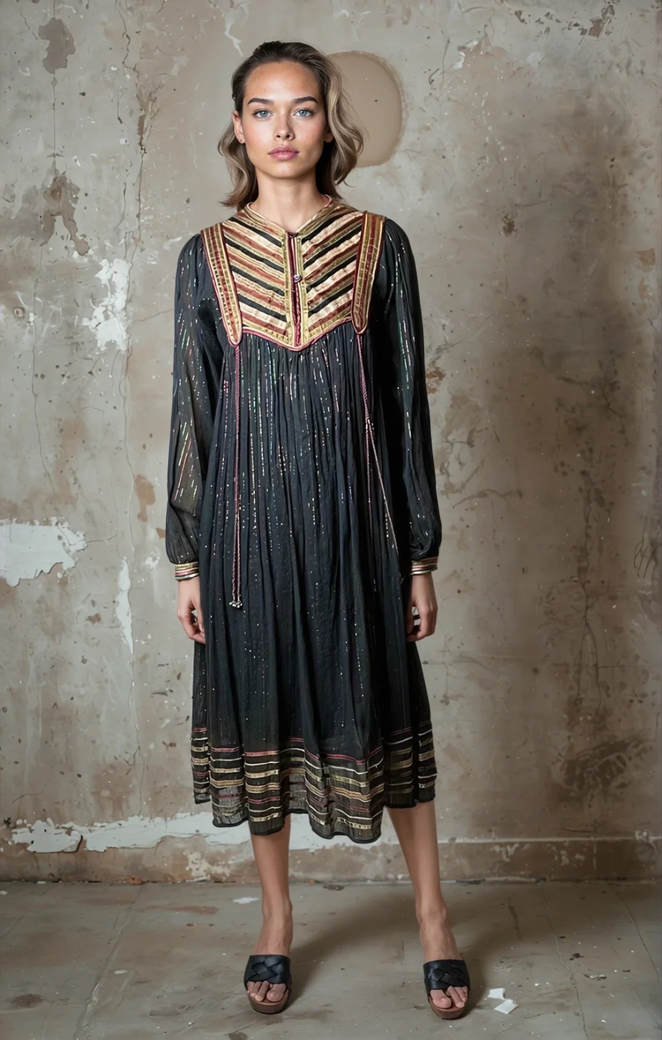 Original Vintage 1970's Black Indian Cotton Boho/Hippie Dress UK 8 - 14