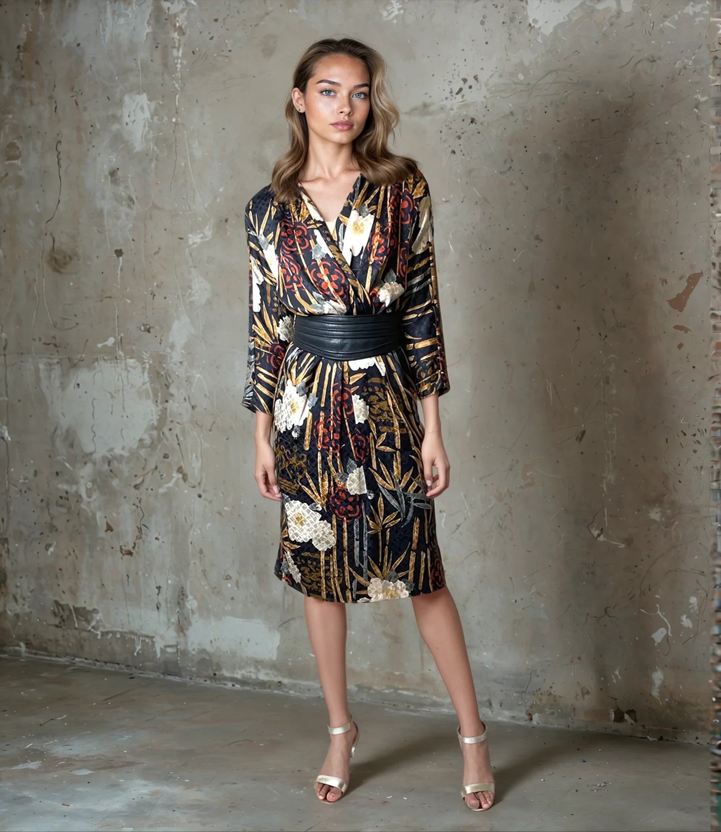 1980's Original Vintage Black Floral Silk Dress Uk 10 - 12