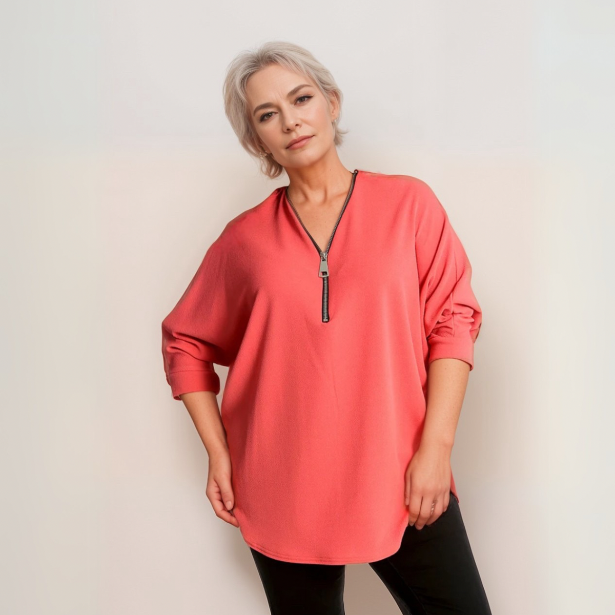 Dipped Hem Batwing Blouse with Zip V-Neck - Various Colour Options