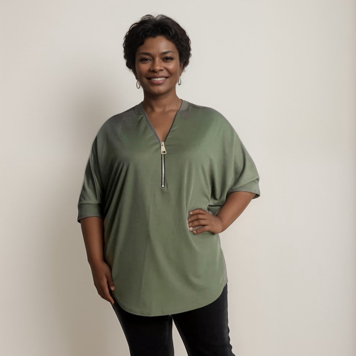 Dipped Hem Batwing Blouse with Zip V-Neck - Various Colour Options