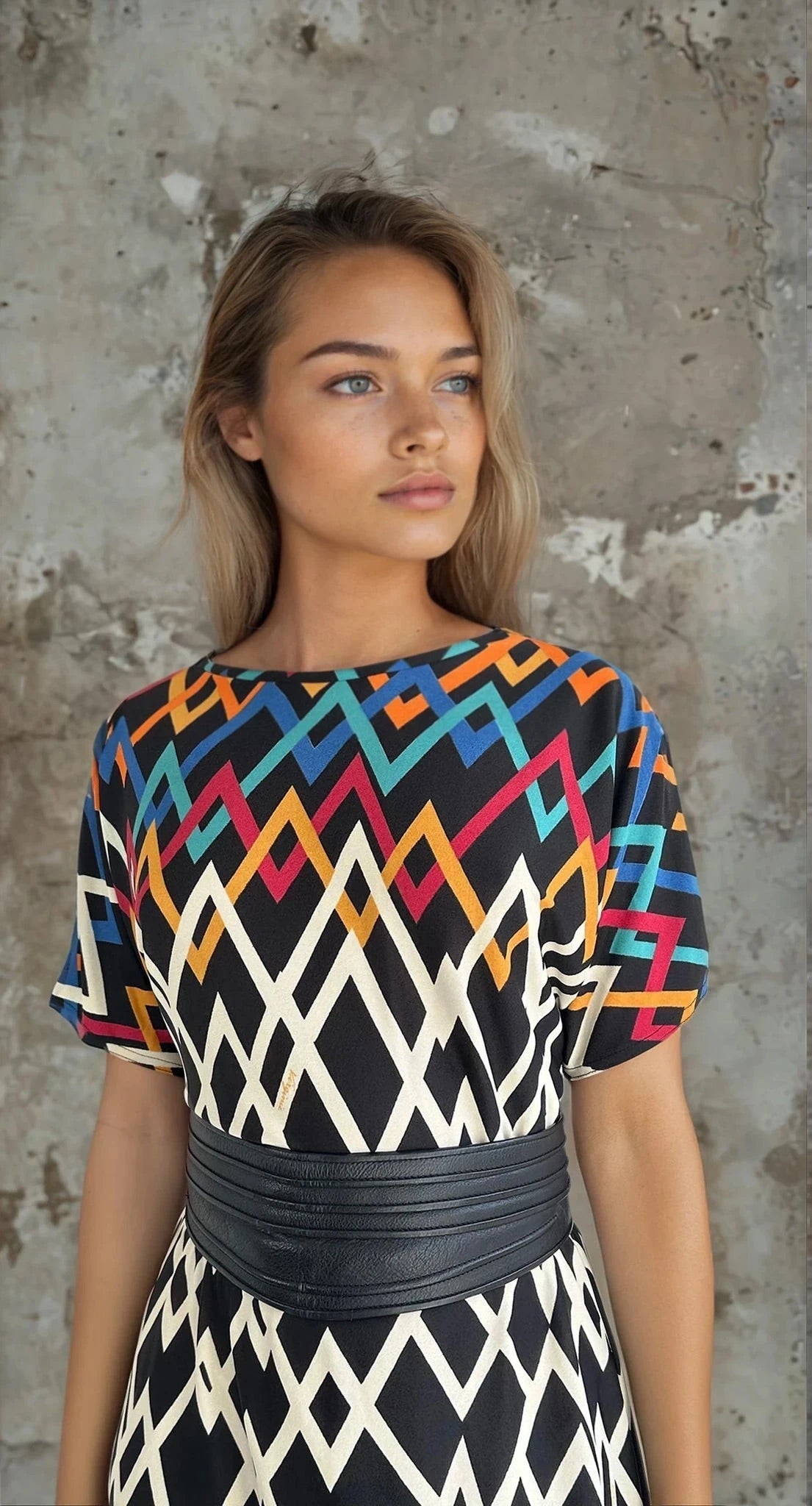 Original Vintage 1980's Virginie Paris Geometric Print Dress UK 8 - 12